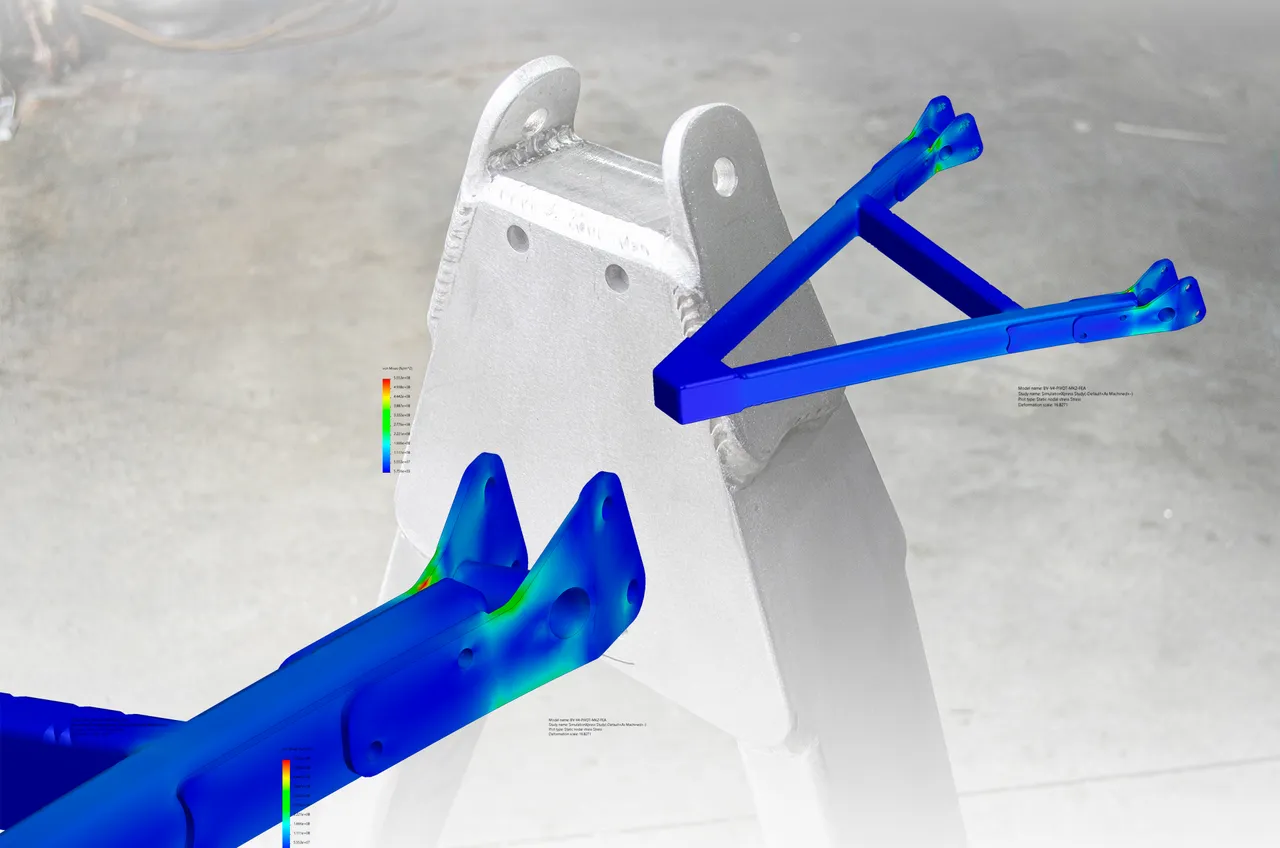 Pivot weldment FEA — peak stress well under yield