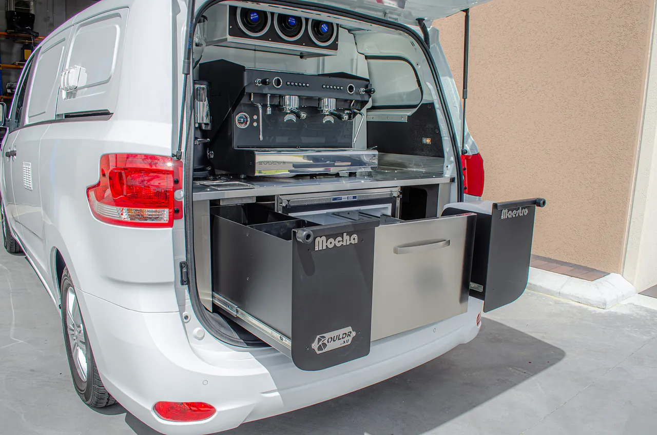 Full rear bench — espresso machine, grinder & refrigerated drawers