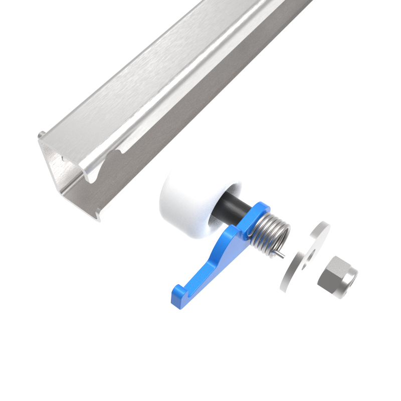 Exploded view — rail, roller, spring, washer & nut
